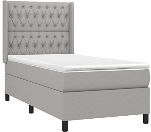 vidaXL Boxspringbett, Bett mit Matratze Kopfteil, Einzelbett Bettgestell mit Lattenrost, Polsterbett Bettrahmen, Hellgrau 90x200cm Stoff