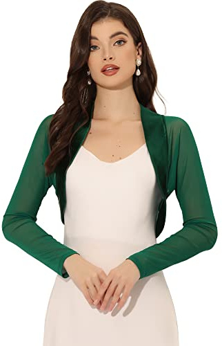 Allegra K Cardigan da Donna in Raso, Stile Bolero, Elegante, Aperto sul Davanti, Verde Scuro, L