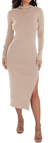 ZESICA Women's 2026 Ribbed Knit Dress Long Sleeve Mock Neck Slim Fit Side Slit Fall Elegant Sweater Dresses,Apricot,Small