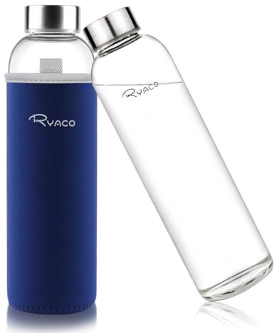 Ryaco Bottiglia d'Acqua 1000 ml/1L, Borraccia Vetro Portatile con Guaina per Bevande Calde e Fredde, Senza BPA, Borraccia in Vetro con Pennello in Spugna, Lavabile in Lavastoviglie