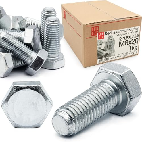 Vite testa esagonale M8x20 DIN 933 Filo pieno-FK 5.8-zincato acciaio resistente, bulloni m8 per fissaggi, viti per montaggio tecnica robusta 77 pezzi per officina e lavori Lun Fix