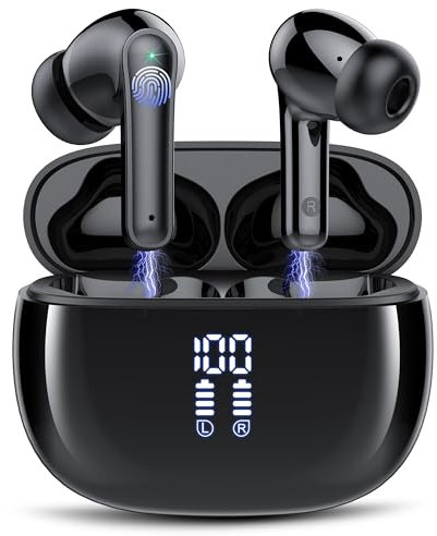 Wireless Bluetooth 5.3 Earbuds with ENC Noise Cancellation,48H Playtime LED Display, Deep Bass Stereo Sound, IPX7 Waterproof-Crystal-Clear Calls, Fast Charging, Secure Fit In-Ear Headphones for Sports