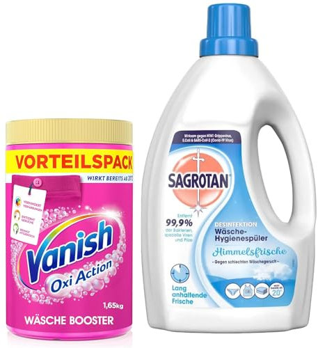 Sagrotan Wäsche-Hygienespüler Frisch, Waschmittel-Zusatz - 1,5 L & Vanish Oxi Action Pulver Pink – 1,65 kg – Fleckenentferner und Wäsche-Booster Pulver ohne Chlor – Für bunte Wäsche