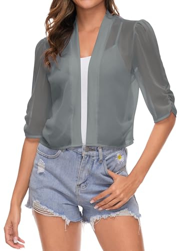 Famrrifuu Donna Coprispalle Elegante Estivo Cardigan Corta Bolero Giacca Coprispalle Corto per Matrimonio,Grigio,S