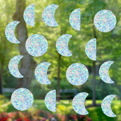 GORGECRAFT 16 Pieza 4 Estilos de Fase Lunar para Ventana Pegatinas Estáticas para Ventana Anticolisión Prisma Arcoíris Pegatinas para Ventana Atrapasoles Película de Vinilo para Puerta Corrediza