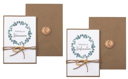 ZauberDeko Einladungskarte mit Briefumschlag Personalisiert Kommunion Konfirmation Eukalyptus Kraft Fisch Gold