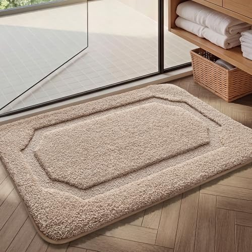COLOR&GEOMETRY Badematte Badteppich rutschfest Waschbar, 44 x 76 cm Absorbierende Badvorleger Weiche Badezimmerteppich, Badematte Beige für Badezimmer, Dusche, Badewanne, Waschküche