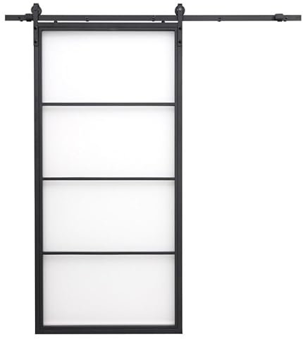 SEART Loft-Glasschiebetür VOBI mit OLD FREIM-Führung (Milchglas) komplettes Türmontage-Set mit schwarzer Schiene und Bodenführung 90x210 cm