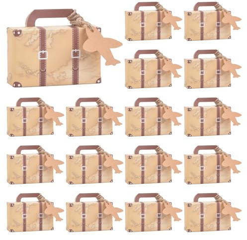 Wisebom Vintage Mini Koffer Geschenkbox Set, 50 Stück Kraftpapier Geschenkbox Schokolade Kartonagen mit Tags und Sackleinen Schnur für Hochzeit Geburtstag Party Taufe(8.3 * 5.5 * 3cm)