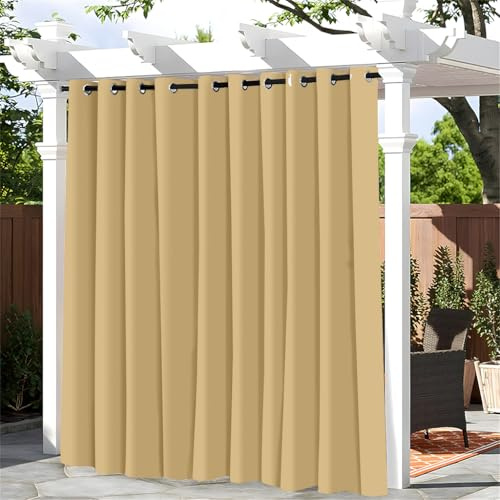 Hiseng Cortina de Exterior Impermeable, Cortinas Exterior Porche Cortina Opacas con Ojales 1 Piezas Cortinas Termicas Aislantes Frio Calor para Terraza (180x243cm,Caqui)