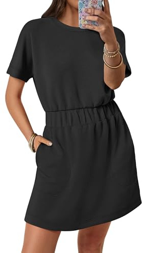 ANRABESS Womens Dresses 2026 Summer Casual Short Sleeve Crew Neck Elastic Waist Mini T Shirt Dress with Pockets Black Small