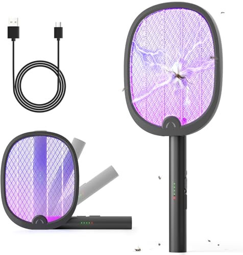 YISSVIC Racchetta Zanzare Elettrica 3 in 1 Pieghevole 4000V con USB Ricaricabile 1800mAh e LED Trappola per Zanzare Adatto per Interni ed Esterni Nero