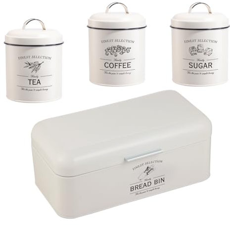 Herzberg,HG04418, Set vintage 4 pezzi con portapane e scatola, design elegante, ideale per cucina, Crema, dimensioni pratiche, perfetto per un ordine stiloso