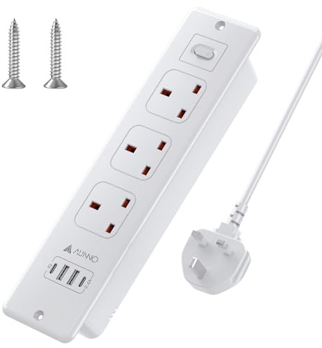 AUNNO Recessed Extension Lead with USB Slots, 3 Way Sockets Outlets with 2 USB-C Ports and 2 USB Ports, 1.8M Extension Cable with Switch Surge Protected Power Strips（With 2 Screws for Installation）