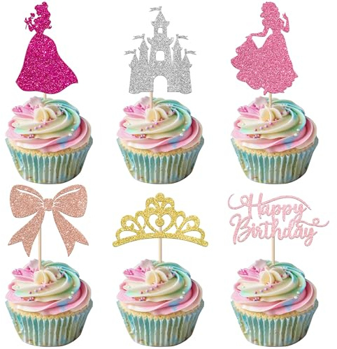 Xsstarmi 24 Pack Princess Happy Birthday Cupcake Toppers Glitter Bow Crown Castle Cupcake Picks for Princess Girl Baby Shower Happy Birthday Party Cake Decorations Supplies Multi