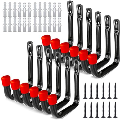 Tel Charme * 12 Pack Heavy Duty Garage Hook, J Utility Wall Mount Ladder Hooks Garden Tools Storage Hooks for Garage, Metal Wall Hooks Heavy Duty, Garage Hook for Hanging, Red