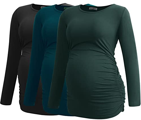 Smallshow kvinnors graviditet toppar långärmade graviditet kläder T-shirts 3-packningar,Zwart-diep groenblauw,S