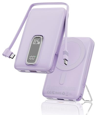 2026 para Magsafe Power Bank con Soporte, Magnética Batería Externa Carga Rapida 10000mAh con Cable USB-C Integrado, Inalámbrica Batería Portatil para iPhone 17 16 15 14 13 12, Morado