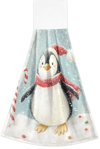 OSYWENRY Penguin Candy Slide Hanging Kitchen Towels Set of 2, Soft Coral Fleece Hand Towels with Hook Loop, Super Absorbent Quick Dry for Bathroom Laundry Room