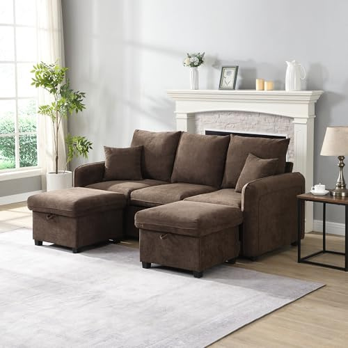 NuvlaGu Multifunktionale Ecksofa U-Form-Dreisitzer Polster-Sofa mit Staufunktion – Inklusive Schubladen + Hocker modular zerlegbares Sofa-Set mit Schlaffunktion (Antique Brown + Foam + 3 Seat)