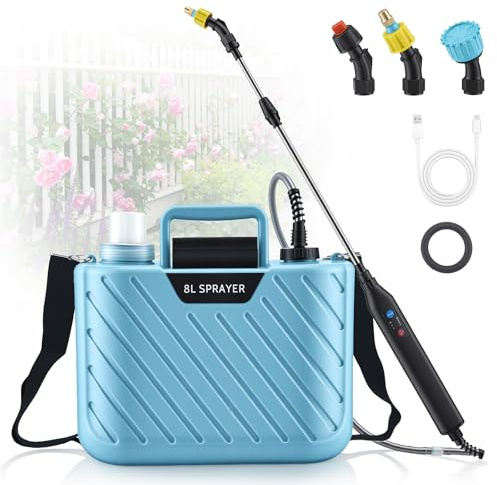 Spruzzatore a pressione da 8L, potente spruzzatore elettrico per piante da 7,4V con 3 ugelli e tracolla regolabile, impugnatura ricaricabile tramite USB e asta telescopica per diserbo e irrigazione
