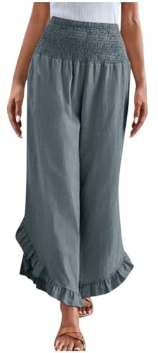 Yolimok Cropped Trousers for Women UK Elasticated High Waisted Ladies Wide Leg Linen Trousers Barrel Leg Baggy Yoga Pants with Ruffled Slit Lounge Trendy Airport Beach Holiday Workout Pants