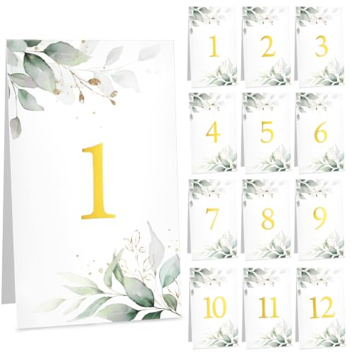COMOOKA 12 Stück Tischnummern 1-12 Eukalpytus Tischnummern Hochzeit Tischkarten Goldfolie Platzkarten Nummern Zahlen Tischdeko Kommunion Konfirmation