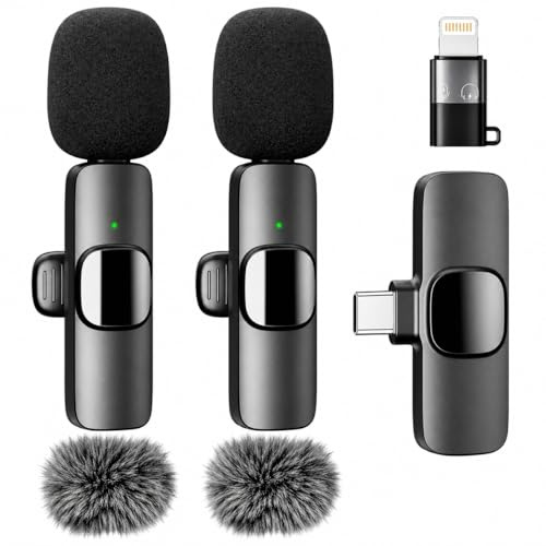 OKLI Wireless Lavalier Microphone for iPhone & Android – 2 Pack Clip On Wireless Mic, 65ft Range, Noise Reduction, USB-C & Lightning Plug and Play for TikTok, Interviews & Live Streaming (Black)