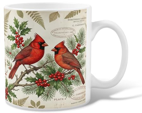 Cardinal - Taza de café de cerámica, diseño vintage de pino de acebo natural, taza de té con asa, ideal para amigos, familiares, amantes, ancianos, compañeros de trabajo, 11 onzas