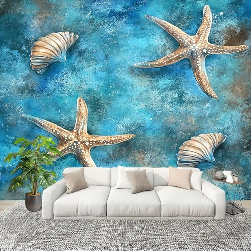 Fotomurales Retro Estrella de Mar Concha Marina Papel Pintado Tejido No Tejido Moderna Diseno Fotográfico Decoración De Pared Sala Cuarto Oficina Salón Azul Papel Pintado 200x140 cm