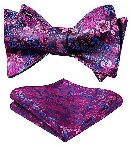 HISDERN Herren Floral Self Fliege und Einstecktuch Set Hochzeitsfeier Zubehör Rosa/Blau