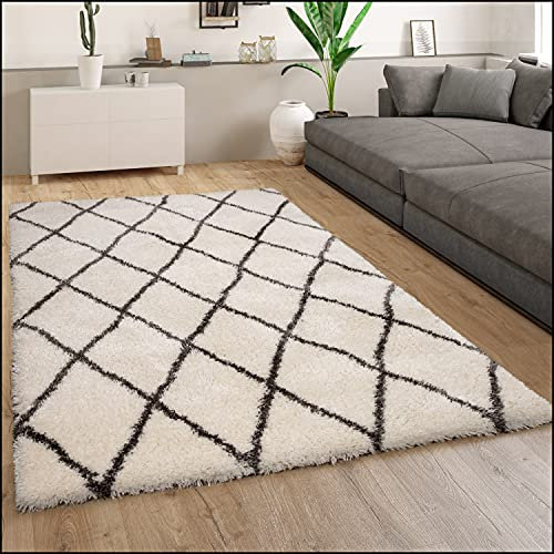 Paco Home Teppich Wohnzimmer Hochflor Schlafzimmer Weich Shaggy Flokati Rauten Skandi Muster Modern Creme Weiß, Grösse:200x290 cm