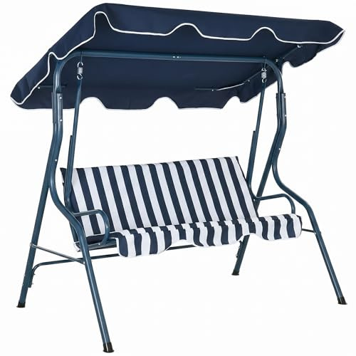 Outsunny 3 Seater Canopy Swing Chair Outdoor Garden Bench with Adjustable Canopy and Metal Frame - Blue Stripes