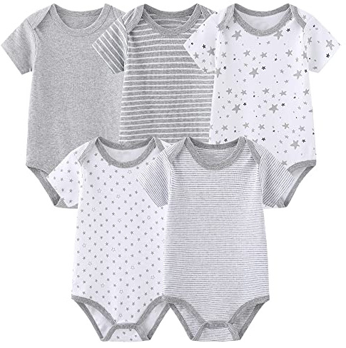 Chamie Baby bodysuit bomull kortärmad västar för nyfödda 5-pack endelad kostym för pojke och flicka 0-12 månader., grå1, 9-12 Months