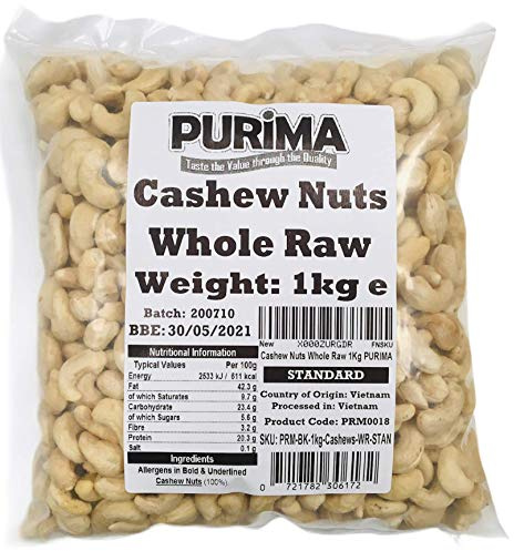 Cashew Nuts 1kg Raw - 100% Whole Cashews 1 kg Large Bag - Quality Edible Nut - Source of Protein & Fibre - Non-GMO & Vegan - PURIMA