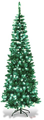 5Ft/1.5m Pre-Lit Artificial Slim Christmas Tree Green Pencil Tree, Pointed Tips, Metal Stand Cool White LEDs Lights Holiday Home Decorations