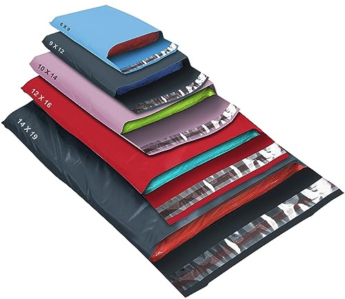 50 Mixed Size Color Mailing Bags, Self Seal Strong Waterproof Poly Plastic Envelopes for Parcels, Packaging, Small, Medium, Large Mail, Shipping Courier Delivery Bags 5 Sizes, Multi Color