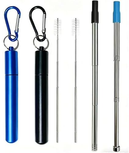 2 Pcs Portable Metal Straws, 3-Section Adjustable Telescopic Straw with Silicone Tips Cover, Aluminum Keychain Case and Telescopic Cleaning Brush, Unique Design for Home Travel(Black & Blue) 1