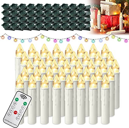 XMTECH 40 Stück Kabellos LED Kerzen Weihnachtskerzen Warmweiß mit Clips&Fernbedienung,Christbaumkerzen für Weihnachtsdeko, Hochzeitsdeko, Party, Warmweiß