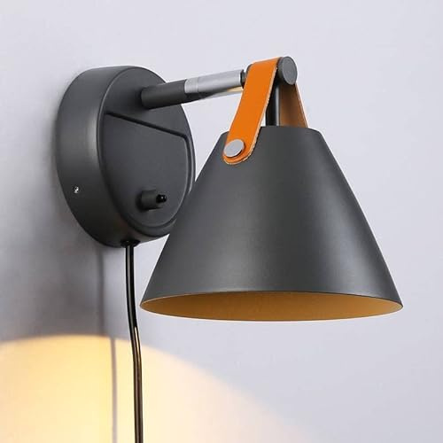 B·LED BARCELONA LED Wandleuchte mit Kabel und Schalter, nordische Steckdose mit Lederband, GU10-Sockel, Wandleuchte mit Kabel und Schalter, für Schlafzimmer, Bett, Wohnzimmer, Nachttisch (Grau)