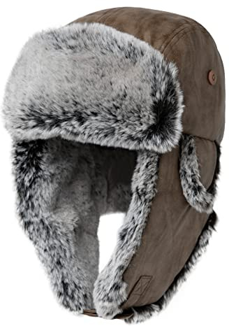 Comhats Winter Trapper-Hut Kunstleder Aviator Pilotenmütze Herren Damen Warm Gefütterte Kunstpelz-Hut mit Winddichten Ohrenklappen