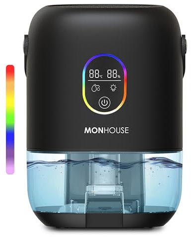 MONHOUSE Premium Dehumidifer - 1000ml - Ultra Quiet Electric Moisture Absorber - 7 Colorful Nightlight, 2 Working Modes, Touch Screen, Auto Shut Off, Humidity & Temperature Indicator - Black
