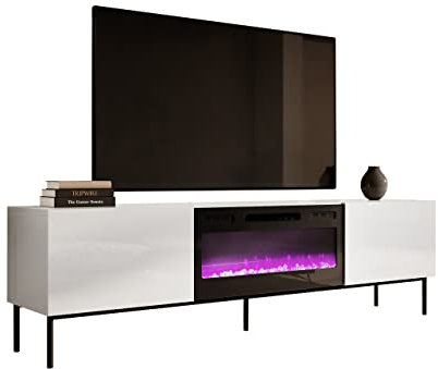 Mirjan24 Meuble TV avec cheminée électrique Slide 200 Meuble TV bas Ouverture sans poignée Cheminée électrique avec chauffage Flamme LED réaliste (blanc/blanc brillant Pieds : noir)