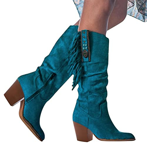 boseucn Damen Hohe Stiefel, Damen Stiefel mit Absatz Fransenstiefel Kniehohe Stiefeletten Flache Absätze Fransen Warm Cowboy-Stiefel Lange Schuhe Boots Winterschuhe Ankle Boots Vintage Spitz