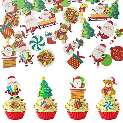 Gyufise 300Pcs Edible Christmas Cake Cupcake Decoration Edible Xmas Santa Claus Snowman Socks Cake Decorations Wafer Paper Holiday Cake Topper for Christmas Party Supplies