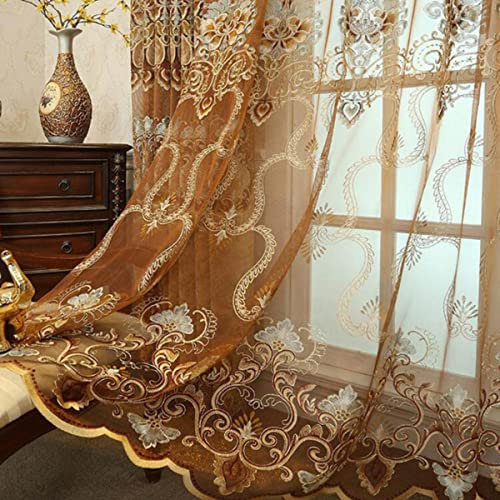 Bestickter, floral gemusterter, hohler, transparenter Voile-Vorhang für Schlafzimmer, luxuriöser europäischer Spitzenboden, zarte Vorhänge, M112C-Tulle, 01,1 Stück, B400 x H265 cm, Plissee-Zugband
