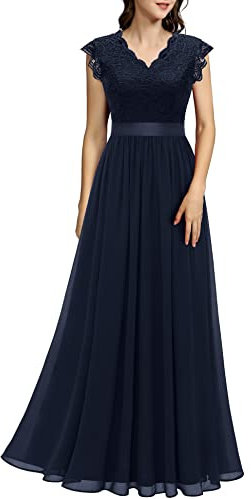 Dressystar Damen Abendkleid Elegant für Hochzeit Spitze Chiffon Lang Ballkleider Maxi Kleid Sommer Mädchen Cocktailkeider Marineblau XXL