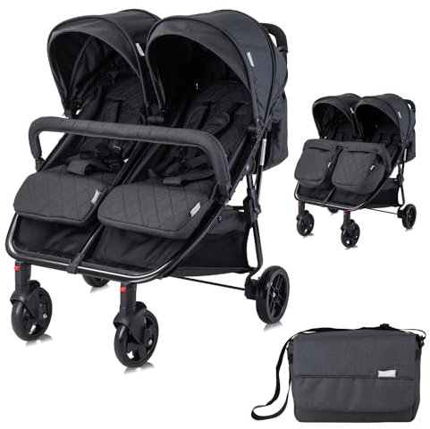 Lorelli Zwillingskinderwagen Duo, Zwillingsbuggy klein faltbar für 2 Kinder, sehr leicht, Zwillingswagen nebeneinander, Geschwister Kinderwagen kompakt zusammenklappbar, schwarz