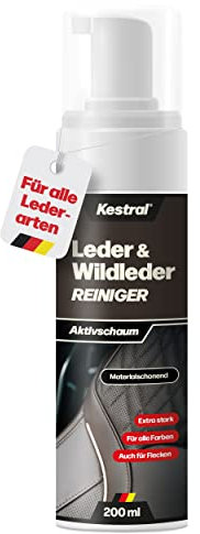 KESTRAL Lederreiniger für Leder & Kunstleder - SCHONEND & EFFEKTIV - Entfernt hartnäckigste Verschmutzungen - Ideal für Autositze, Lenkrad, Lederarmaturen, Motorradsitz & Bekleidung - Made in Germany