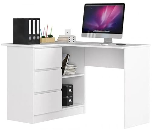 Happy Babies Eck-Schreibtisch B-16 mit 3 Schubladen und 2 Ablagen | Schreibtisch | ecktisch | Eck Schreibtisch für Home Office | Einfache Montage | B124 x H77 x T85, 48 kg Weiß